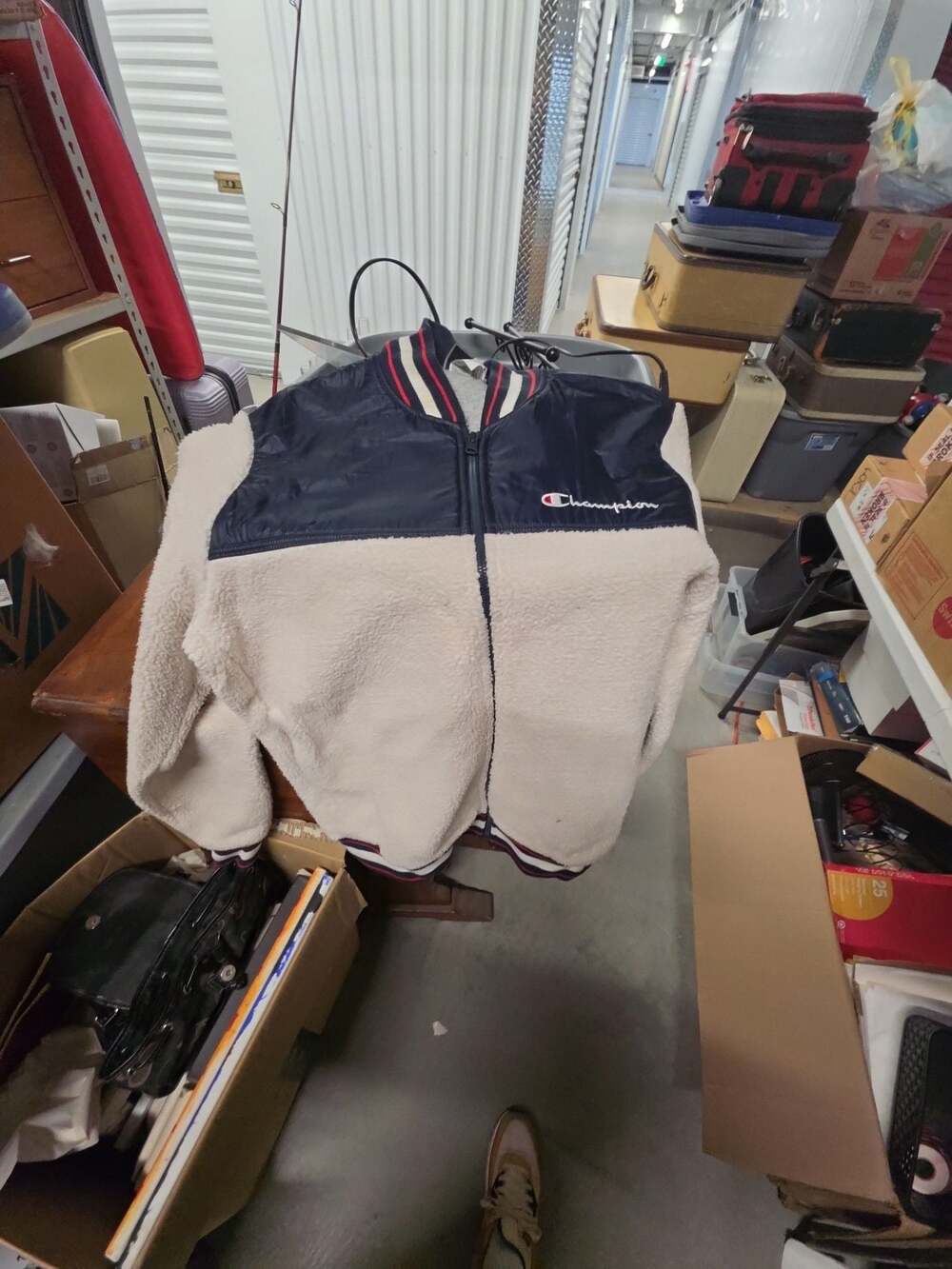 Champion Sherpa Baseball Bomber Jacket Navy Blue and Beige Medium